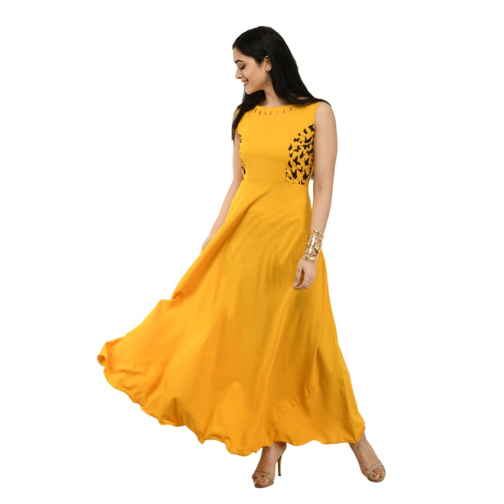 Generic Women's Crepe Solid Sleeveless Full Length Gown(Yellow)