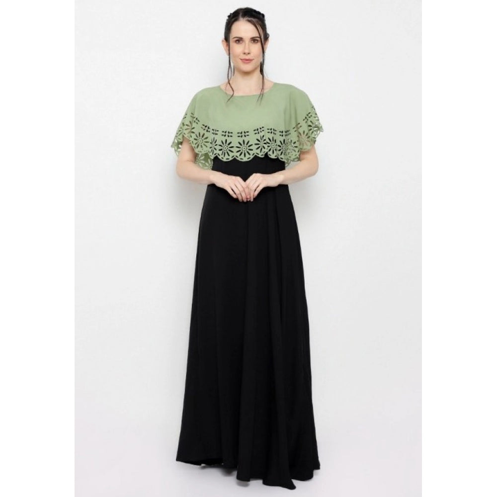 Generic Women's Crepe Solid Sleeveless Full Length Gown(Green Black)