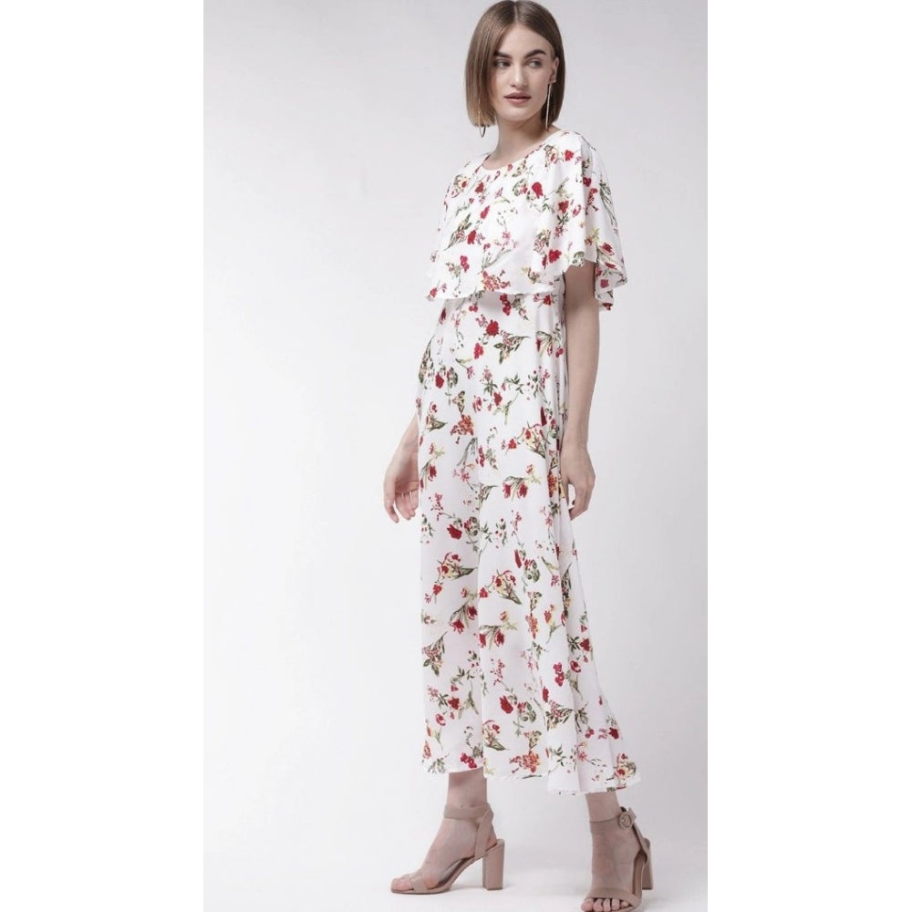 Generic Women's Crepe Floral Half Sleeves Full Length Gown(White)