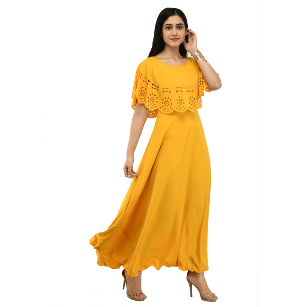 Generic Women's Crepe Solid Sleeveless Full Length Gown(Yellow)