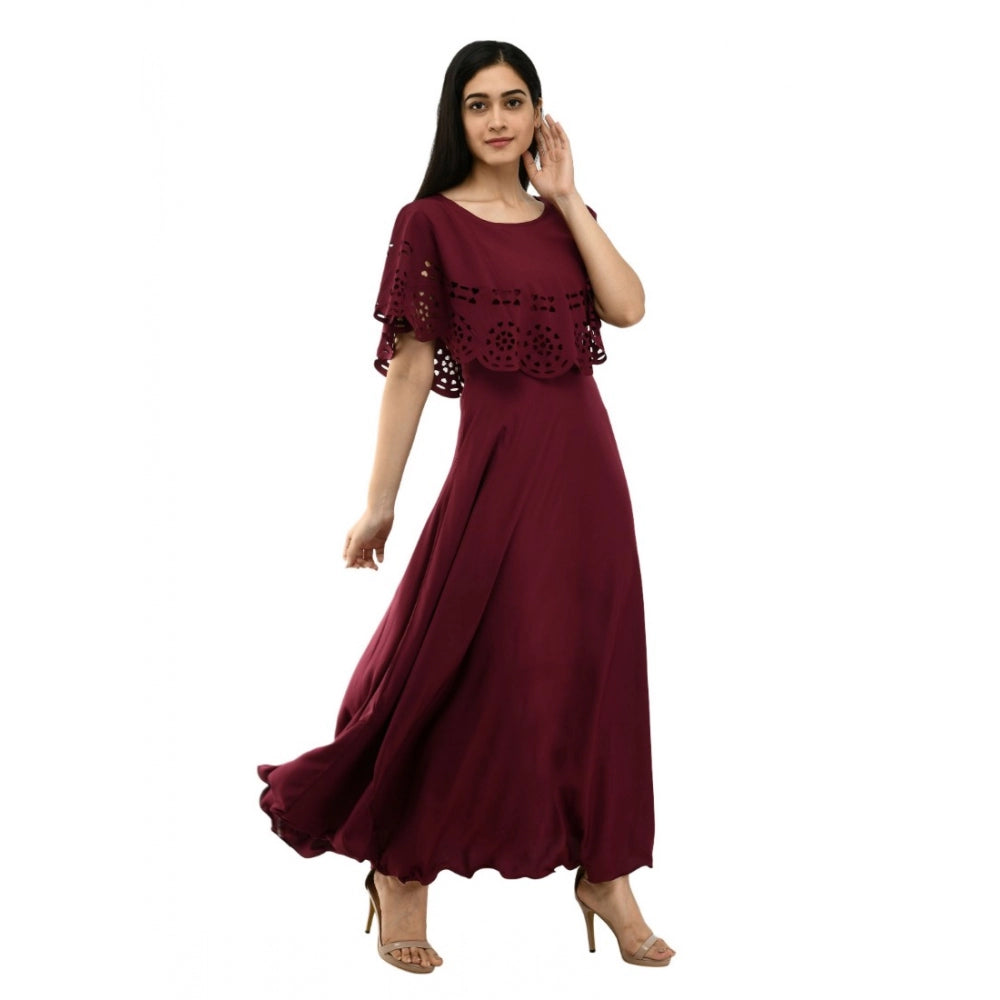 Generic Women's Crepe Solid Sleeveless Full Length Gown(Wine)