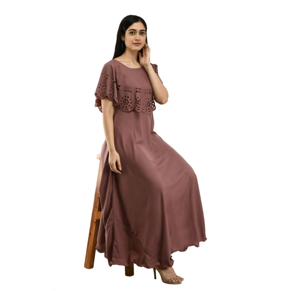 Generic Women's Crepe Solid Sleeveless Full Length Gown(Brown)