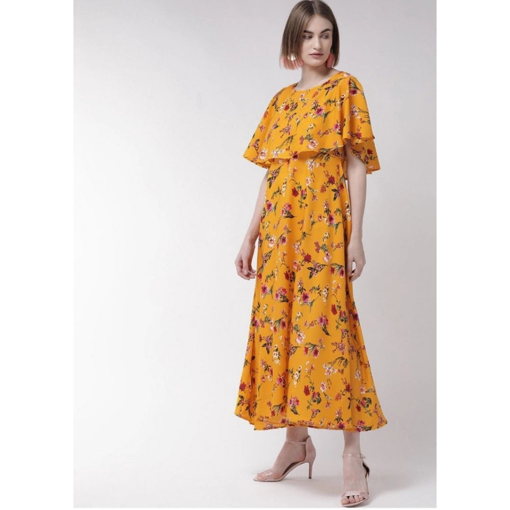 Generic Women's Crepe Floral Half Sleeves Full Length Gown(Yellow)