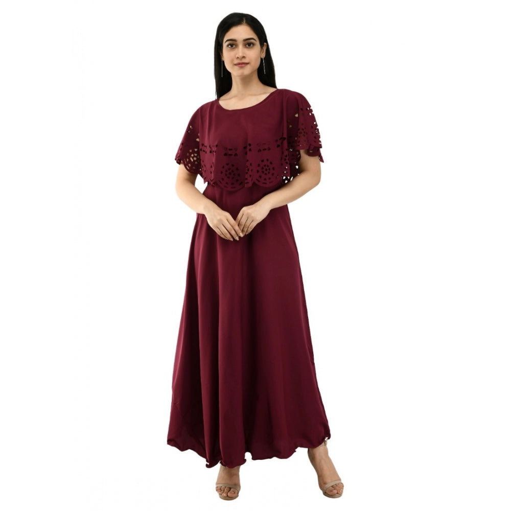 Generic Women's Crepe Solid Sleeveless Full Length Gown(Wine)