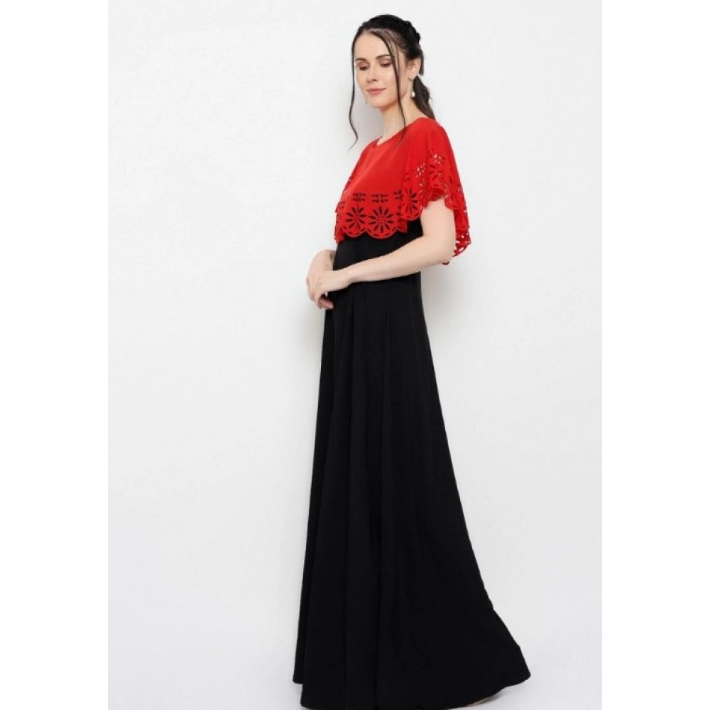 Generic Women's Crepe Solid Sleeveless Full Length Gown(Red Black)