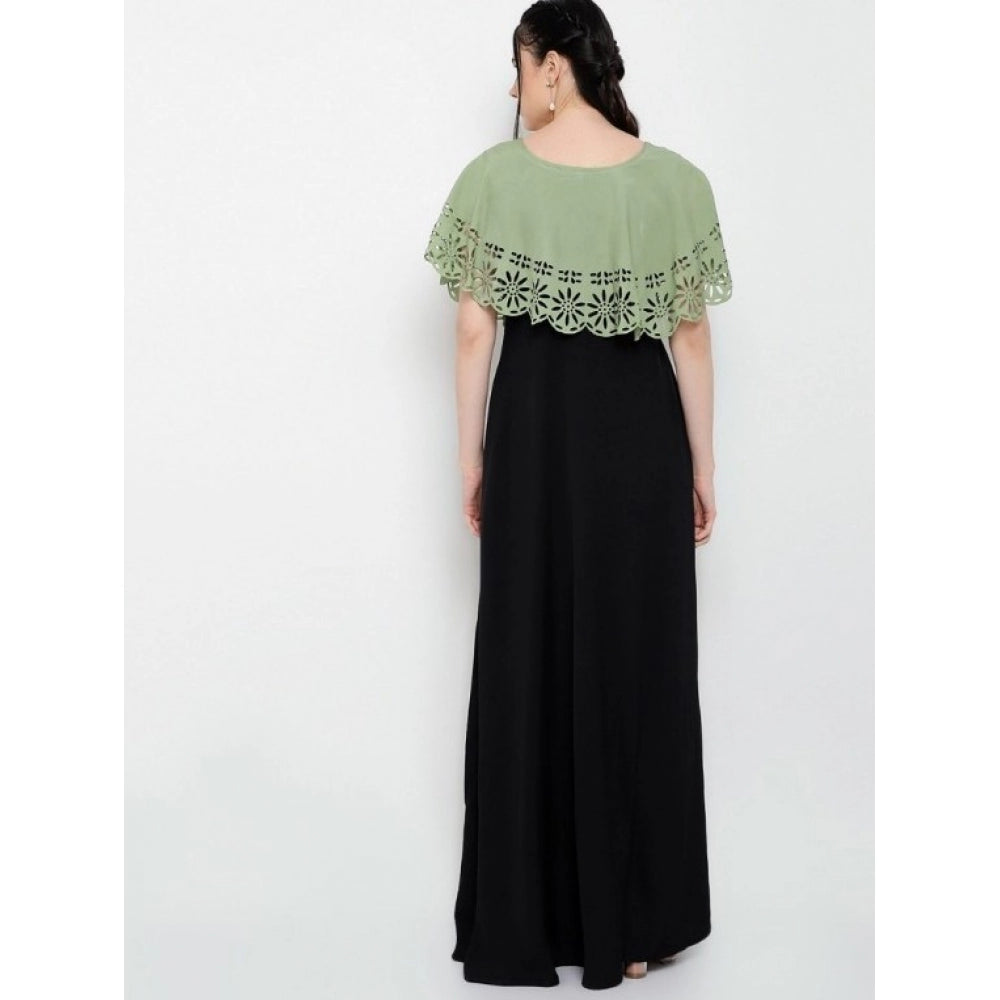 Generic Women's Crepe Solid Sleeveless Full Length Gown(Green Black)