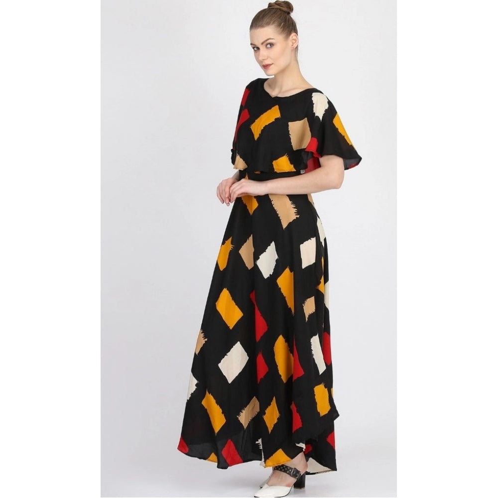 Generic Women's Crepe Printed Half Sleeves Full Length Gown(Multi)
