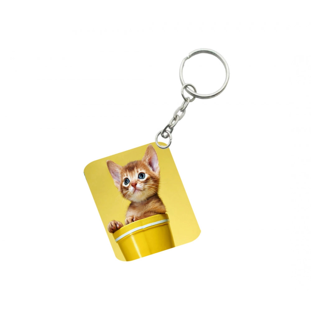 Generic Pack Of 3_ Yellow Cup With Cat One Side Printed Rectangle Designer Keychain (Yellow)