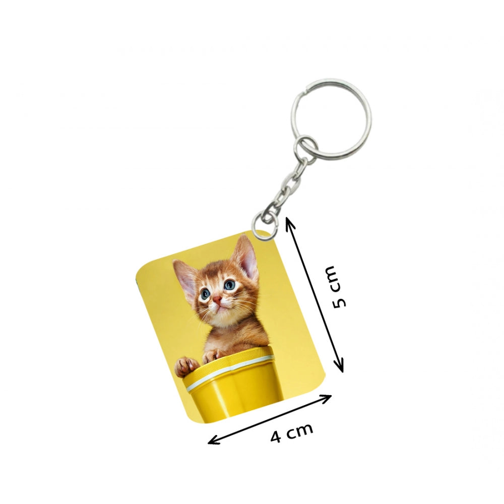 Generic Pack Of 3_ Yellow Cup With Cat One Side Printed Rectangle Designer Keychain (Yellow)