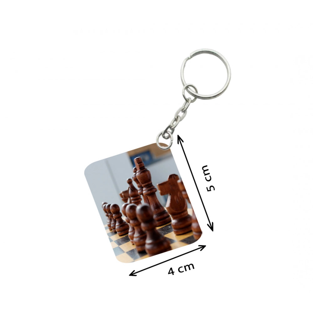 Generic Pack Of 3_ Chess Set One Side Printed Rectangle Designer Keychain (Brown)