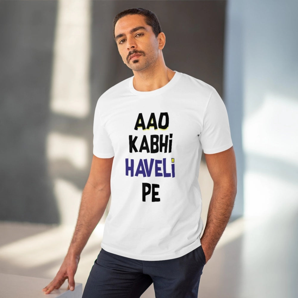 Generic Men's PC Cotton Aao Kabhi Haveli Pe Printed T Shirt (Color: White, Thread Count: 180GSM)