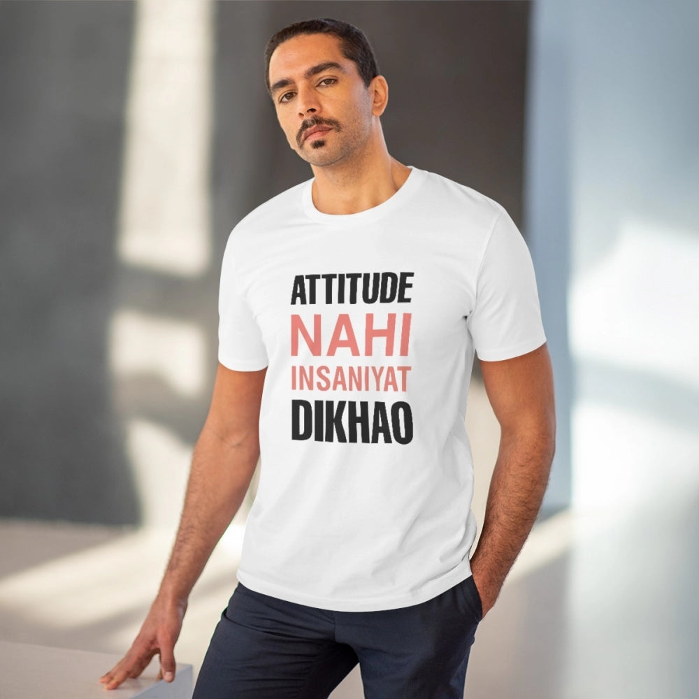 Generic Men's PC Cotton Attitude Nahi Insaniyat Dikhao Printed T Shirt (Color: White, Thread Count: 180GSM)