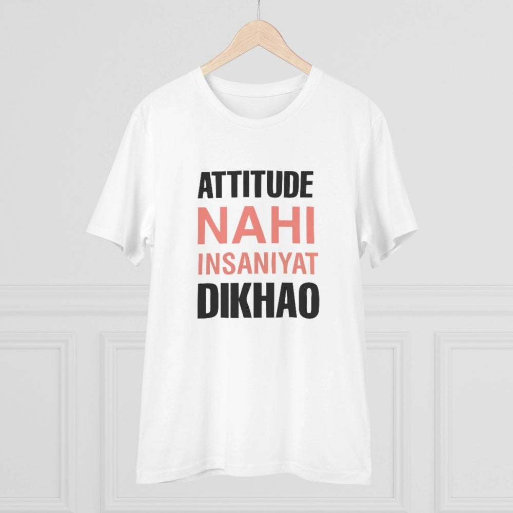 Generic Men's PC Cotton Attitude Nahi Insaniyat Dikhao Printed T Shirt (Color: White, Thread Count: 180GSM)