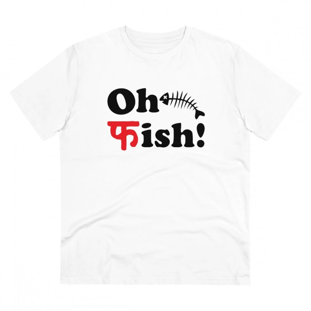 Generic Men's PC Cotton Oh Fish Printed T Shirt (Color: White, Thread Count: 180GSM)