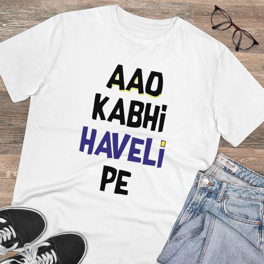 Generic Men's PC Cotton Aao Kabhi Haveli Pe Printed T Shirt (Color: White, Thread Count: 180GSM)