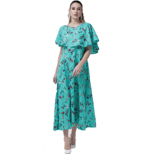 Generic Women's Crepe Floral Half Sleeves Full Length Gown(Turquoise)