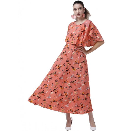 Generic Women's Crepe Floral Half Sleeves Full Length Gown(Orange)
