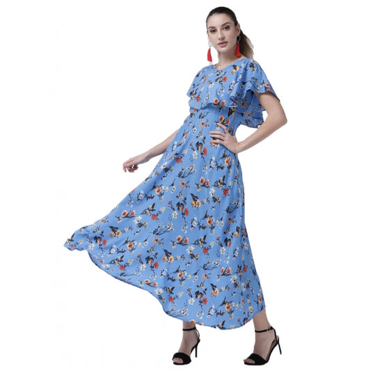 Generic Women's Crepe Floral Half Sleeves Full Length Gown(Blue)