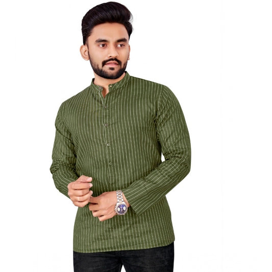 Generic Men's Cotton Striped Pattern Full Sleeve Short Kurta (Green)