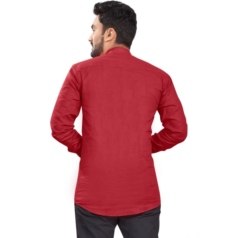 Generic Men's Cotton Solid Full Sleeve Short Kurta (Red)