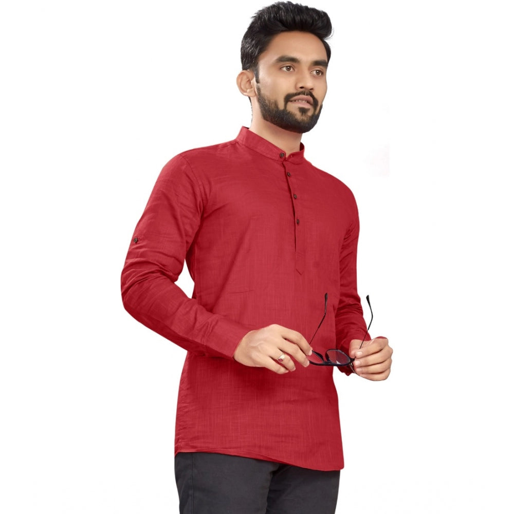 Generic Men's Cotton Solid Full Sleeve Short Kurta (Red)