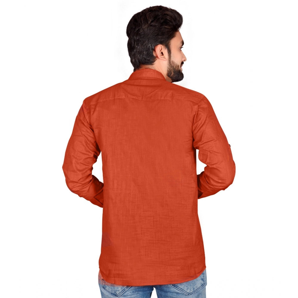 Generic Men's Cotton Solid Full Sleeve Short Kurta (Orange)