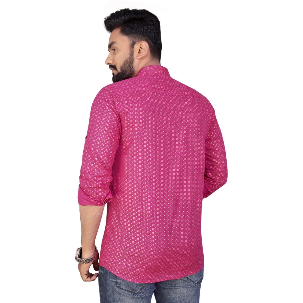 Generic Men's Cotton Printed Full Sleeve Short Kurta (Pink)