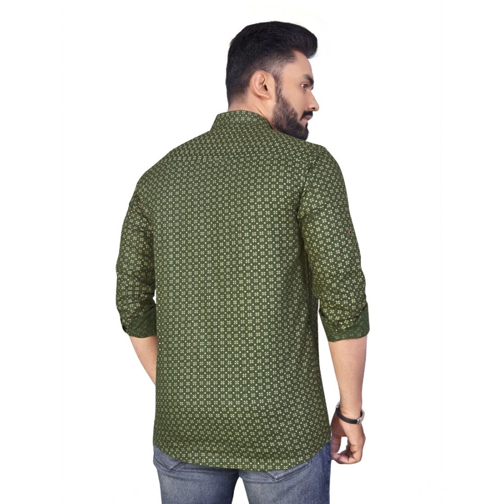 Generic Men's Cotton Printed Full Sleeve Short Kurta (Green)