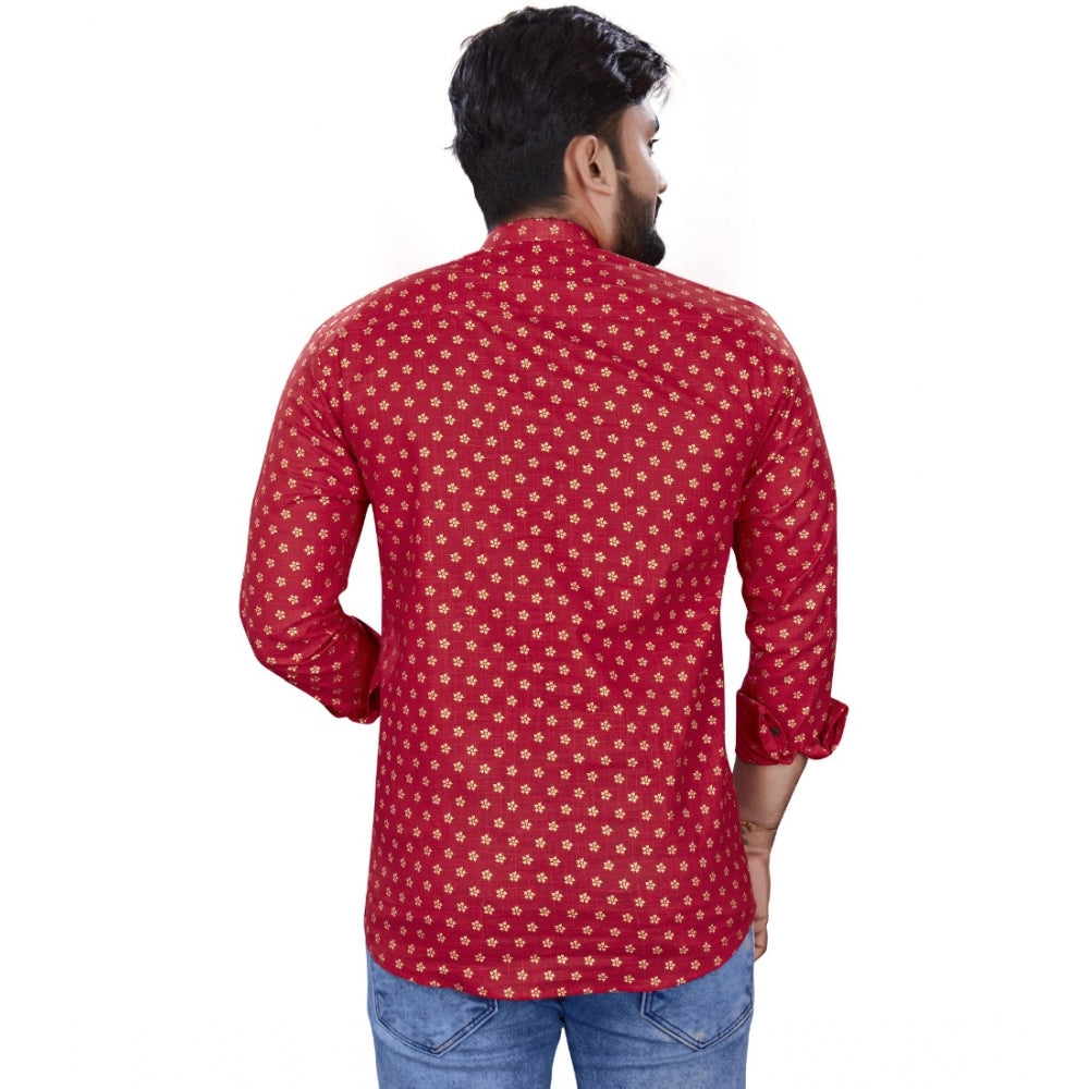 Generic Men's Cotton Printed Full Sleeve Short Kurta (Red)