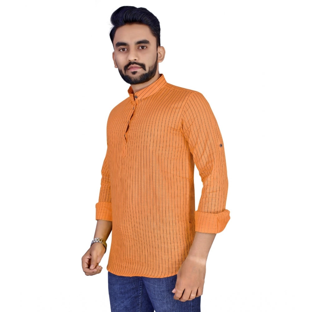 Generic Men's Cotton Blend Printed Full Sleeve Short Kurta (Orange)