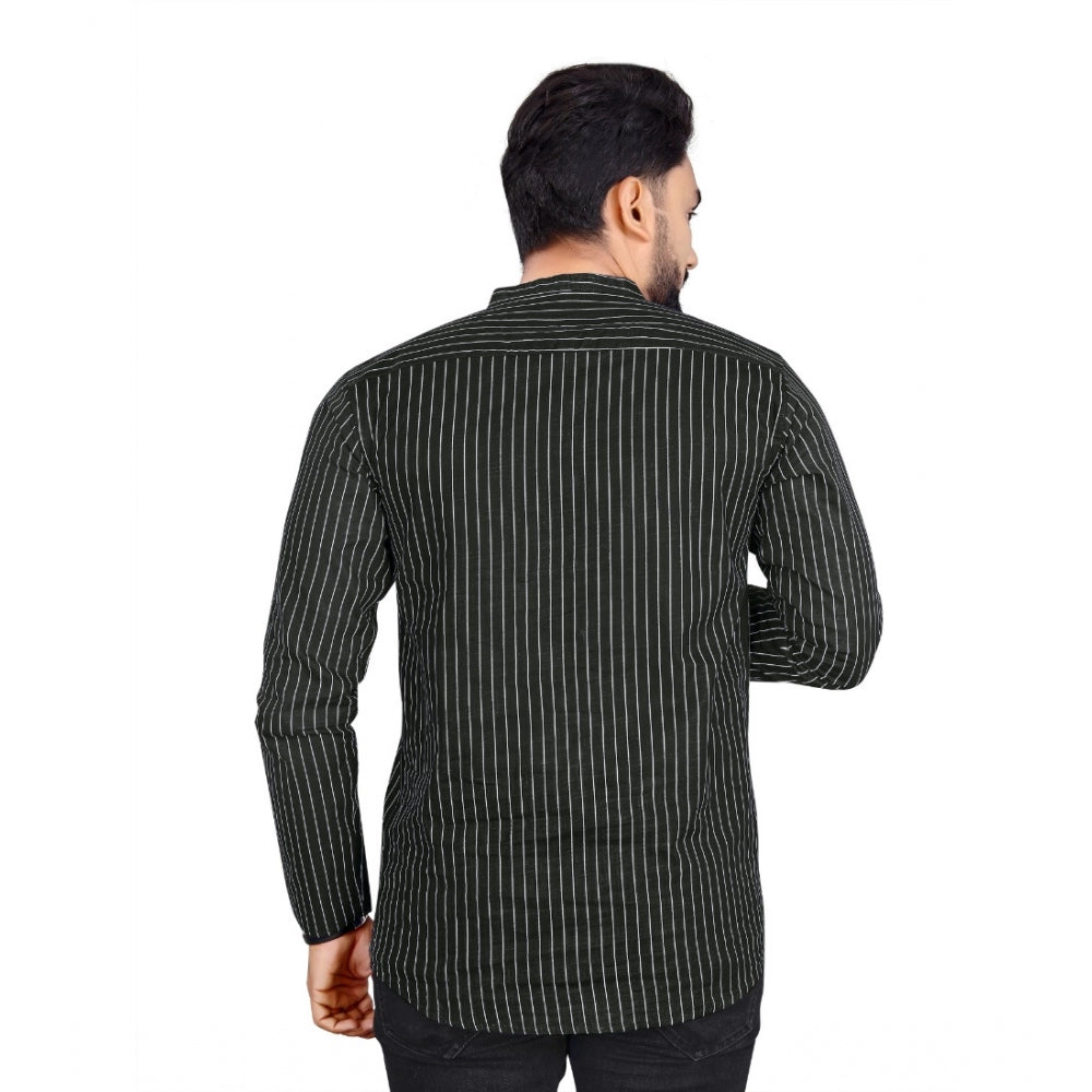 Generic Men's Cotton Striped Pattern Full Sleeve Short Kurta (Black)