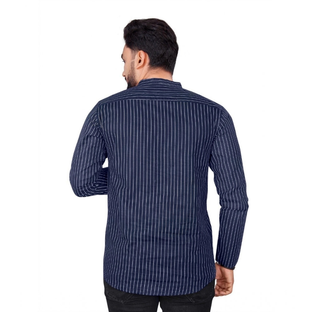 Generic Men's Cotton Striped Pattern Full Sleeve Short Kurta (Dark Blue)