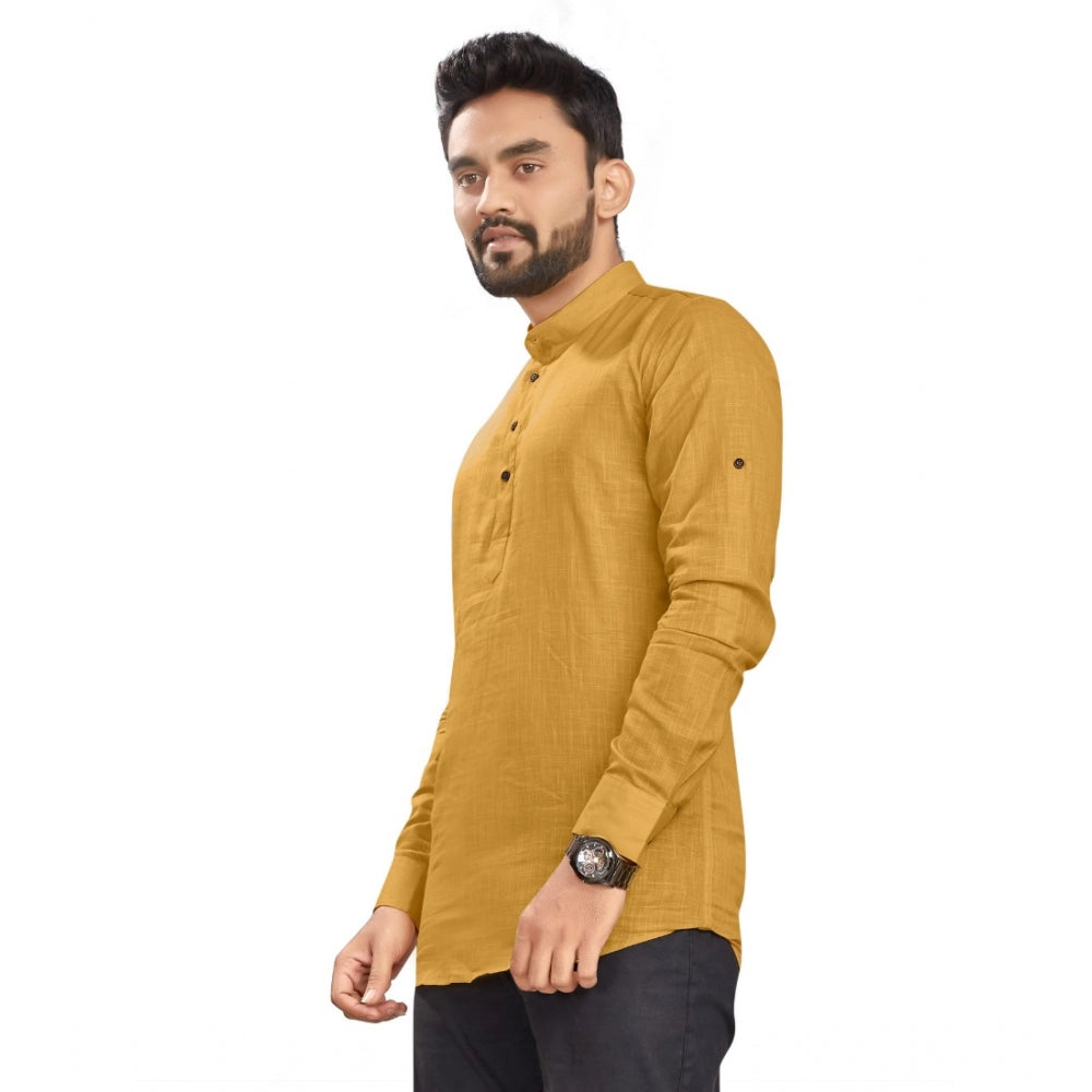 Generic Men's Cotton Solid Full Sleeve Short Kurta (Yellow)