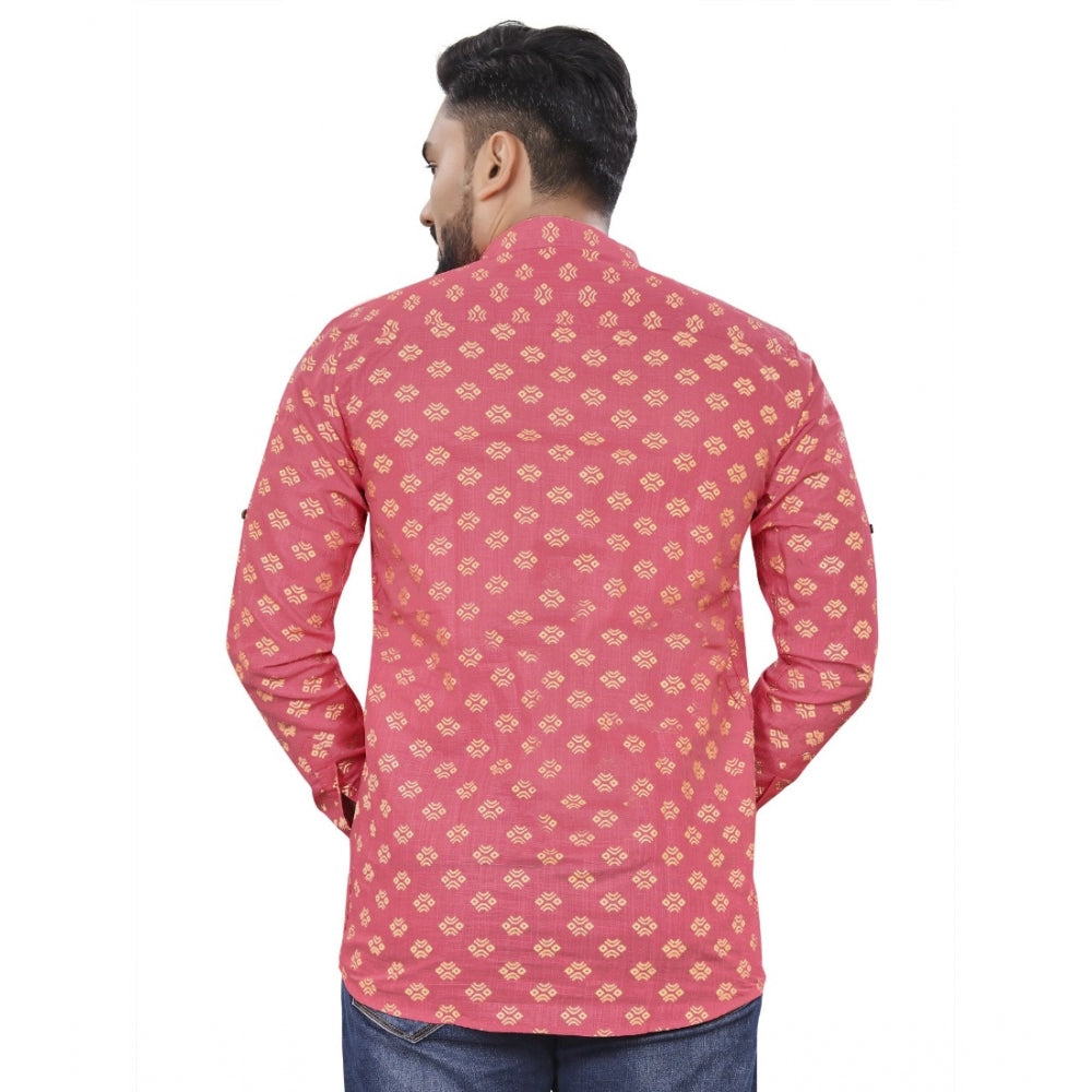 Generic Men's Cotton Printed Full Sleeve Short Kurta (Pink)