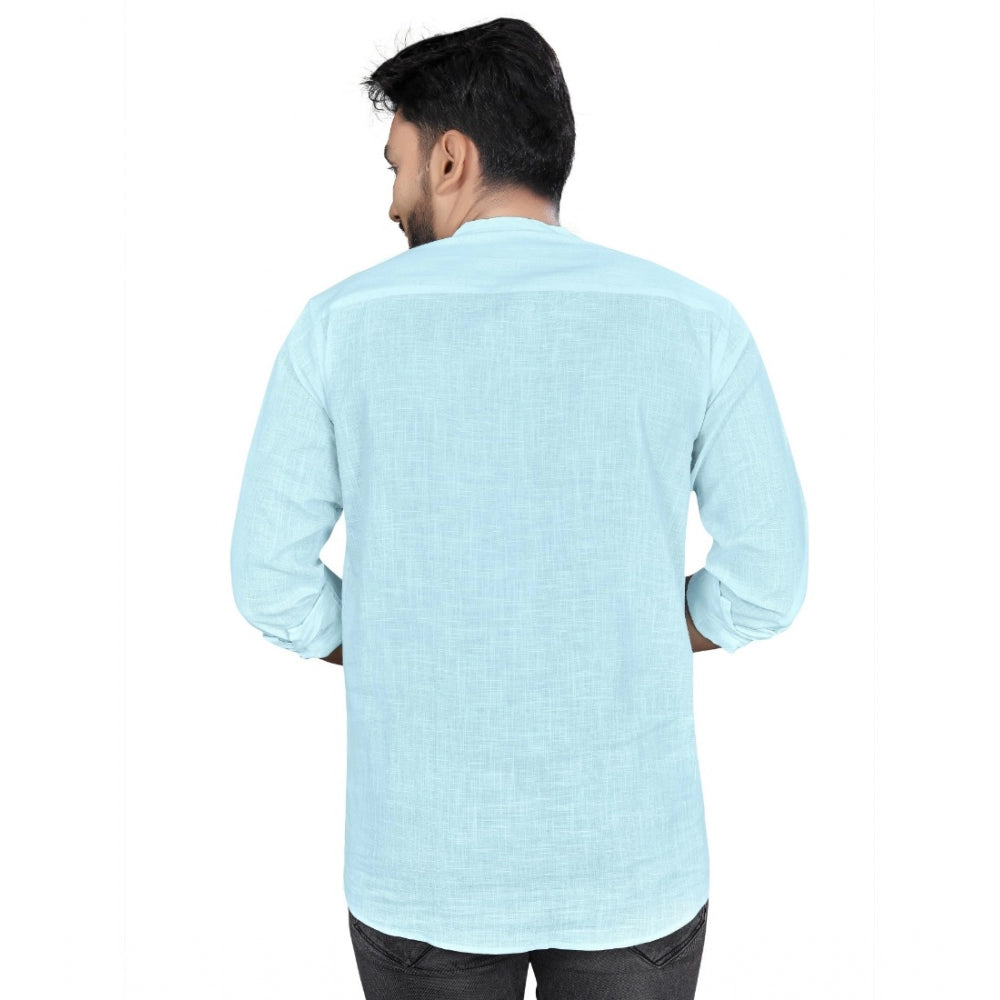 Generic Men's Cotton Solid Full Sleeve Short Kurta (Light Blue)