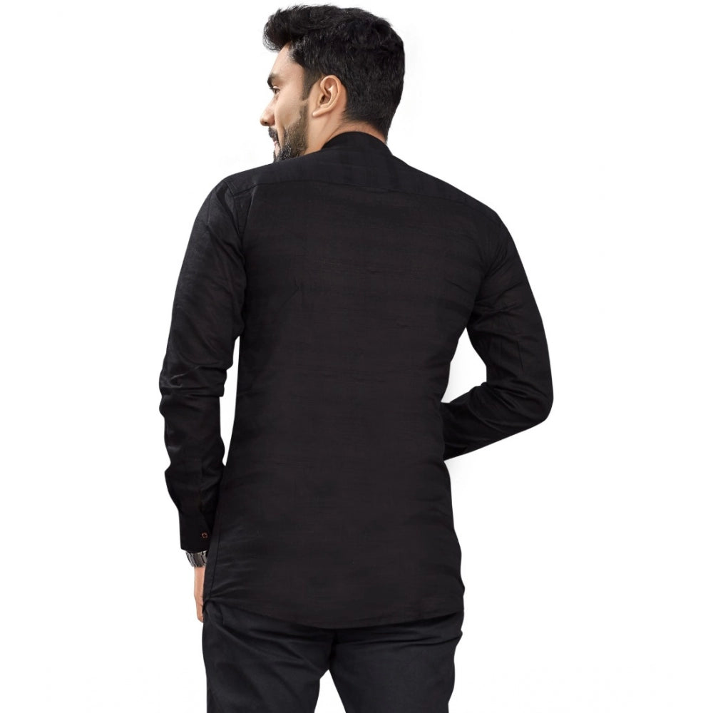 Generic Men's Cotton Solid Full Sleeve Short Kurta (Black)