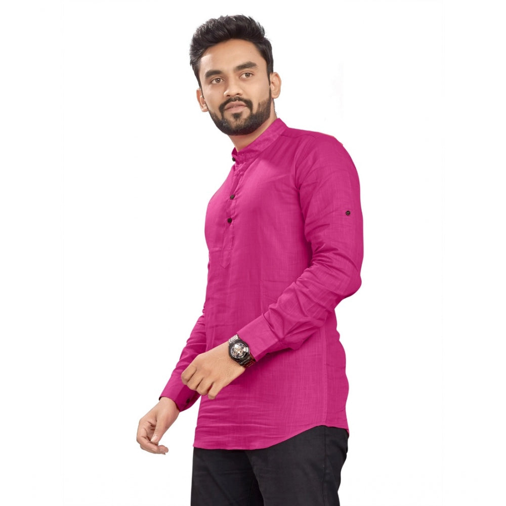 Generic Men's Cotton Solid Full Sleeve Short Kurta (Pink)