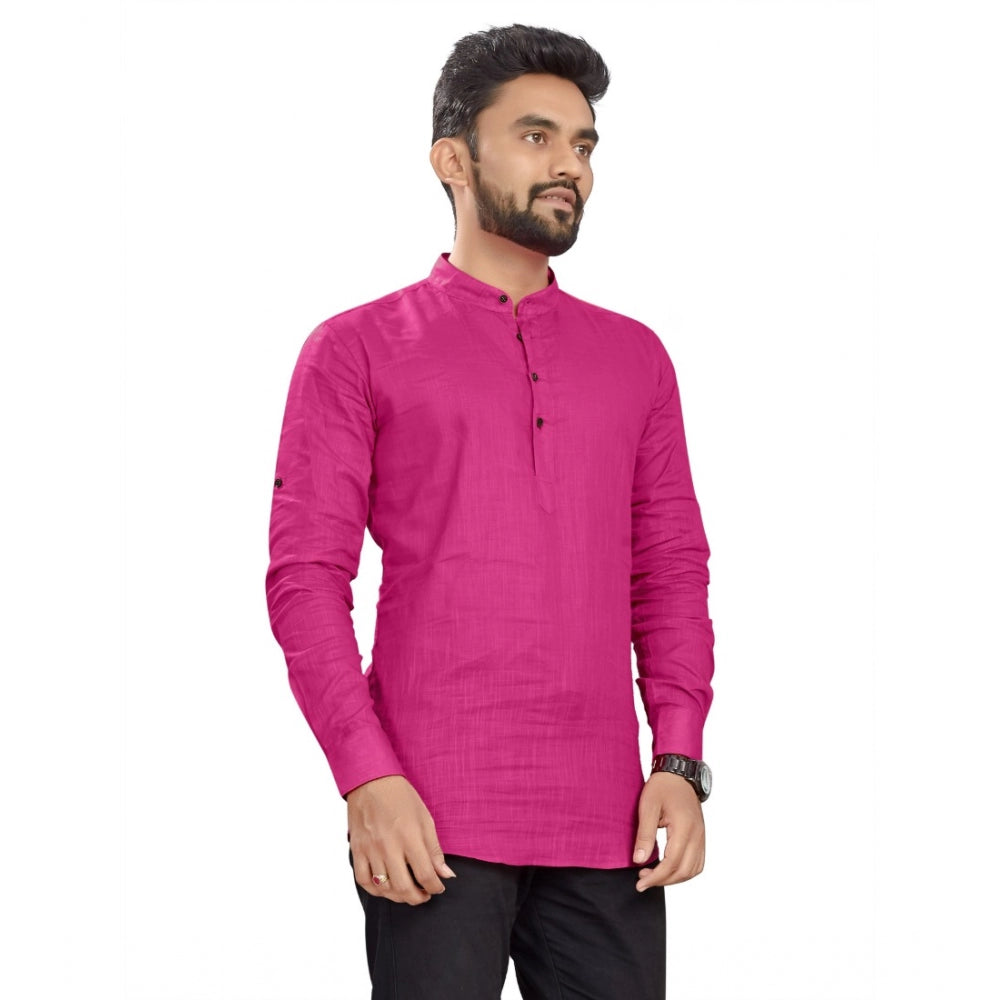 Generic Men's Cotton Solid Full Sleeve Short Kurta (Pink)