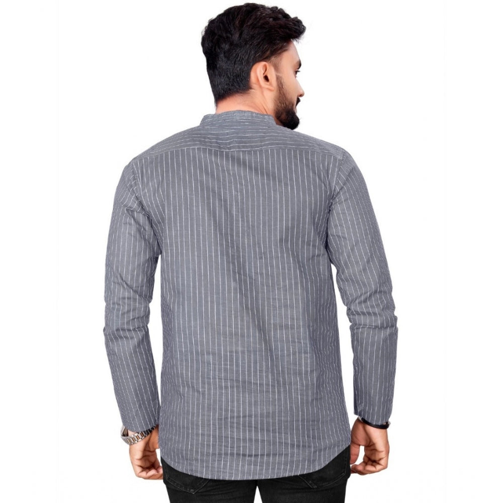Generic Men's Cotton Striped Pattern Full Sleeve Short Kurta (Grey)
