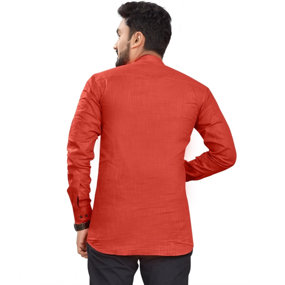 Generic Men's Cotton Solid Full Sleeve Short Kurta (Orange)