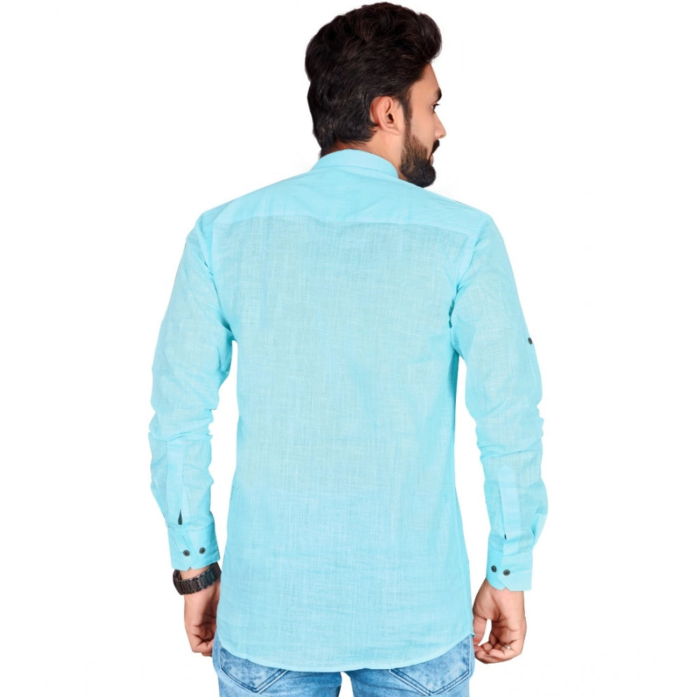 Generic Men's Cotton Solid Full Sleeve Short Kurta (Light Blue)