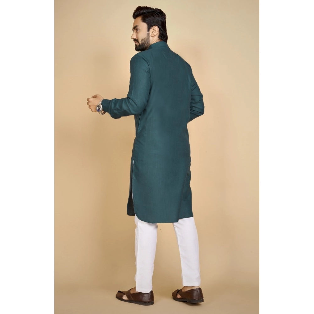 Generic Men's Cotton Blend Solid Full Sleeve Knee Length Kurta (Green)