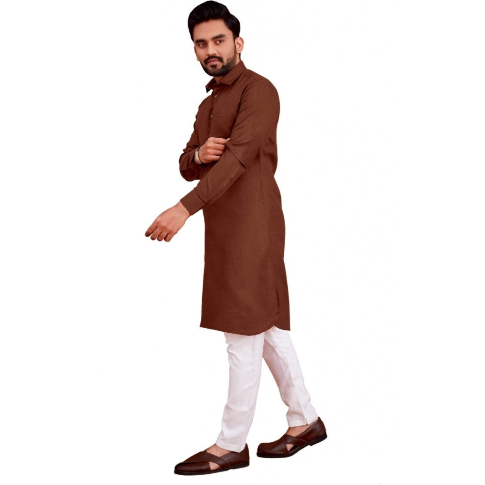 Generic Men's Cotton Blend Solid Full Sleeve Knee Length Kurta (Brown)
