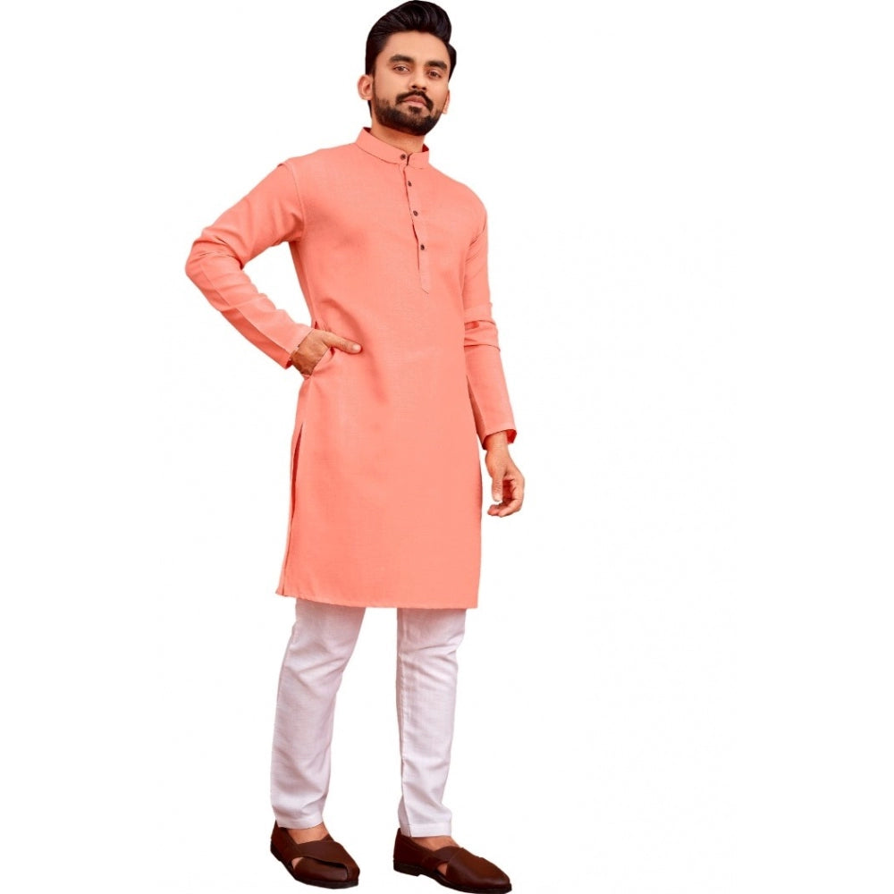 Generic Men's Cotton Blend Solid Full Sleeve Knee Length Kurta (Pink)