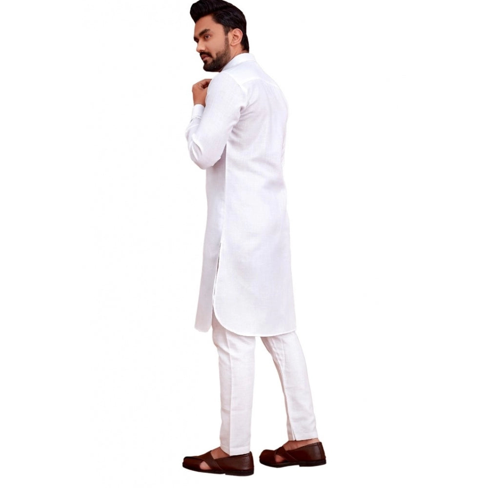 Generic Men's Cotton Blend Solid Full Sleeve Knee Length Kurta (White)