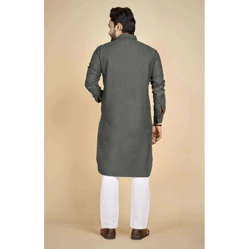 Generic Men's Cotton Blend Solid Full Sleeve Knee Length Kurta (Dark Green)