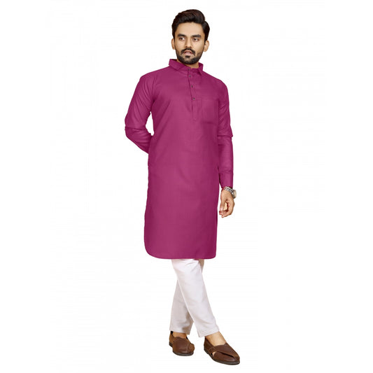 Generic Men's Cotton Blend Solid Full Sleeve Knee Length Kurta (Pink)