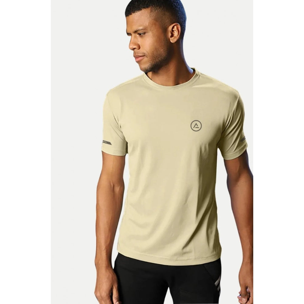 Generic Men's Casual Half sleeve Solid Polyester Crew Neck T-shirt (Sand)