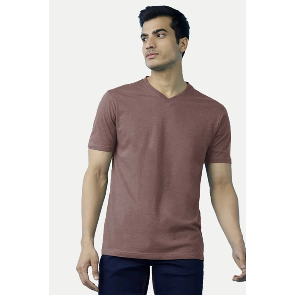 Generic Men's Casual Half sleeve Solid Cotton V Neck T-shirt (Light Brown)