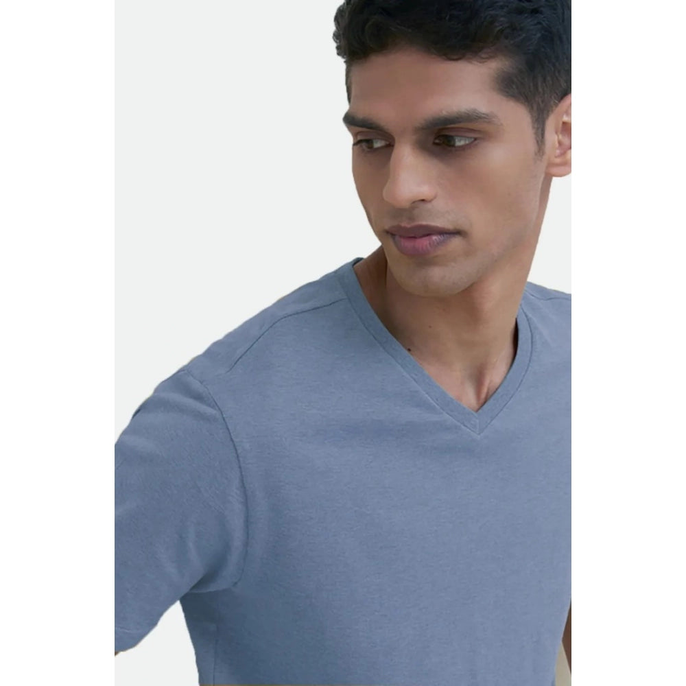 Generic Men's Casual Half sleeve Solid Cotton V Neck T-shirt (Blue)